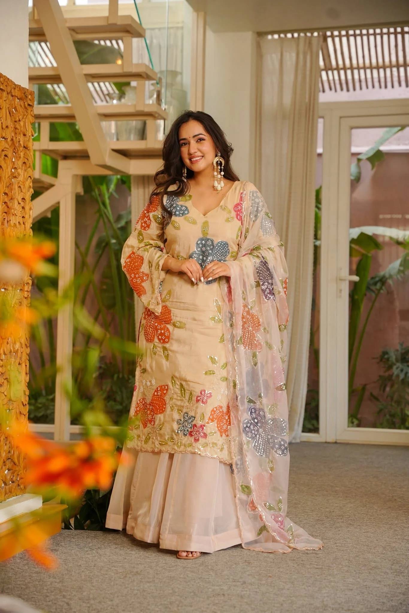 Urban Cream Pastel-Embroidered Sharara Set